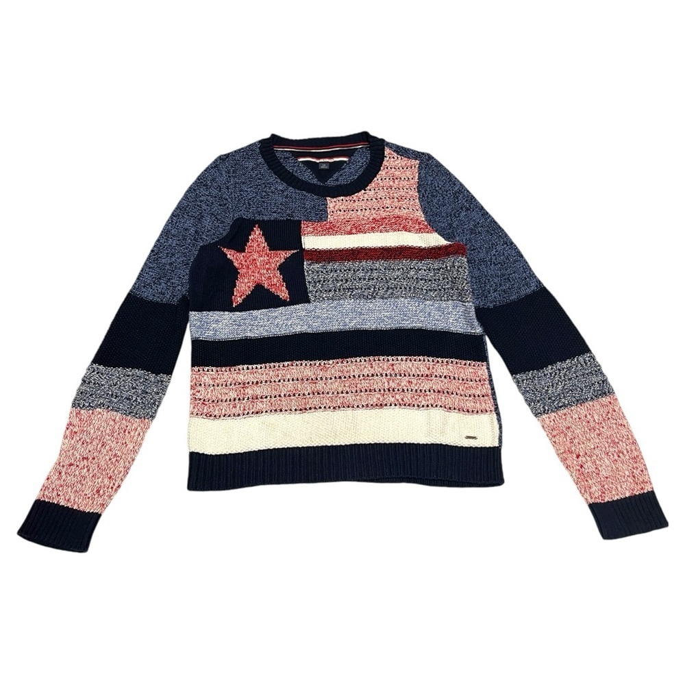 Tommy Hilfiger Knit American Flag USA Blue Red Sweater Size S crew neck knit